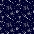 Starry night with constellations. Cute Seamless vector pattern in doodle style. Royalty Free Stock Photo