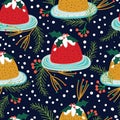 Dark Blue and white dots with Christmas pudding and red berries seamless pattern background design.