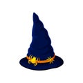 Dark blue wizard hat with gold ribbon. Vector illustration on white background. Royalty Free Stock Photo