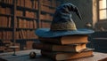 Dark blue wizard hat rests on stack of old books. Shelves filled with antique texts create mystical library ambiance. Learn Royalty Free Stock Photo