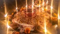 Dark And Blurry Diwali Night, Beautiful Rangoli And Diya Lamps.