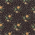 Dark botanic seamless pattern with outline flower silhouettes. Brown dotted background with orange and green flower elements