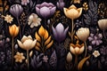 Dark botanical background, dark academia style. Feminine dark backdrop with painted flowers