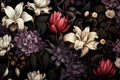 Dark botanical background, dark academia style. Feminine dark backdrop with painted flowers