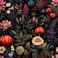 Dark botanical background, dark academia style. Feminine dark backdrop with painted flowers. Seamless pattern