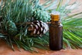 A dark bottle of pine essential oil with pine twigs