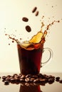 Dark brew splash roasted coffee beans falling into a glass mug of rich, aromatic coffee. Generative AI Royalty Free Stock Photo