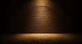 Dark brick wall and cobblestone floor illuminated by a single spotlight creating dramatic shadows Royalty Free Stock Photo