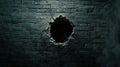 A dark brick wall with a large, irregular hole in the center