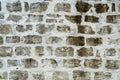 Dark brick and white grout wall in industrial urban area of downtown city with aged and weather exterior or facade