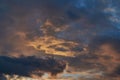 Dark and bright red Cumulus rain clouds illuminated by the evening sun