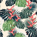 Dark and bright tropical leaves with jungle plants. Seamless vector tropical pattern with green palm and monstera Royalty Free Stock Photo