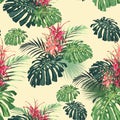 Dark and bright tropical leaves with jungle plants. Seamless vector tropical pattern with green palm and monstera