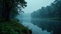 Dark, brooding woods surround a rain swept lake, still, mysterious, woods Royalty Free Stock Photo