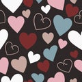 Dark Brown with blue, tan, pink and white heart seamless pattern background design.