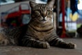 A dark brown cat, sitting, looking to the side Royalty Free Stock Photo