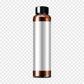 Dark brown clear glass or plastic cylindrical bottle with black screw cap and white blank label. Realistic vector mock-up