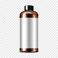 Dark brown clear glass or plastic large cylindrical bottle with black screw cap and white blank label mockup