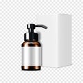 Dark brown clear glass or plastic pump dispenser bottle with white blank carton realistic vector mockup. Cosmetic product box Royalty Free Stock Photo