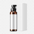 Dark brown clear pump dispenser cosmetic bottle with white blank label and carton packaging mockup. Cosmetic product mockup Royalty Free Stock Photo