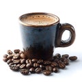 Dark brown coffee cup with roasted beans white background Royalty Free Stock Photo