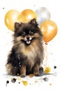 Dark brown cute spitz sitting with colorful balloons, illustration, postcard