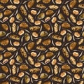 Dark brown fresh bread and sweet buns seamless pattern. Various types of bakery. Rural pastries products, challah wheat