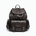Dark brown leather backpack with a pebbled texture. Features a flap closure with a Royalty Free Stock Photo