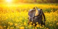 A dark brown leather backpack rests peacefully in a vibrant yellow flower field at sunset. Generative AI Royalty Free Stock Photo