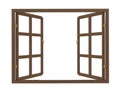 Dark brown open wooden window on white 3d rendering