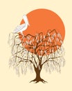 Dark brown silhouette tree with pelican at sunset