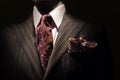 Dark brown striped jacket, purple tie and handkerc