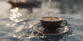 Dark Brown Tea Cup in Water with Golden Light Reflections Royalty Free Stock Photo