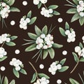 Dark brown white snowberry berries branches with green leaves watercolor seamless pattern. Christmas floral background Royalty Free Stock Photo