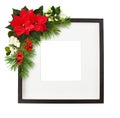 Dark brown wooden square frame with corner Christmas floral arrangement isolated on white background Royalty Free Stock Photo