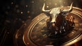 Dark bull sculpture. Sculpted casting depicting a bull in dramatic contrasting light representing financial market
