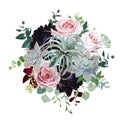 Dark burgundy dahlia, tillandsia succulent, pale roses, eucalyptus, greenery