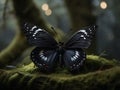 A dark butterfly finding repose on a tree trunk covered in moss within a magical forest as the twilight hours unfold