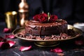 dark cacao date vegan cake on a rose gold tray