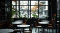 Cozy Cafe Interior with City View Through Large Window, Plants and Marble Tables Royalty Free Stock Photo