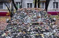 Dark car hood covered with autumn fallen leaves of various colours