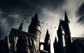 Dark castle with flying bats Royalty Free Stock Photo