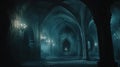 Dark castle hall with gothic arches lit by torches in the background Royalty Free Stock Photo