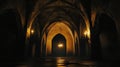 Dark castle hall with gothic arches lit by torches in the background Royalty Free Stock Photo