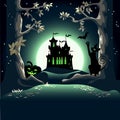 Dark castle in a magical forest with tall trees