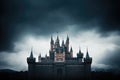 dark castle silhouette against a stormy sky backdrop