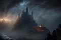 Dark castle in the valley, dark atmosphere of hell, creative digital illustration painting Royalty Free Stock Photo