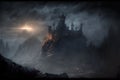 Dark castle in the valley, dark atmosphere of hell, creative digital illustration painting Royalty Free Stock Photo