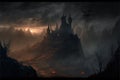 Dark castle in the valley, dark atmosphere of hell, creative digital illustration painting Royalty Free Stock Photo