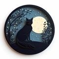 Dark cat silhouette sitting on a hill with trees under full moon at night. Round flat paper cut gretting card, book